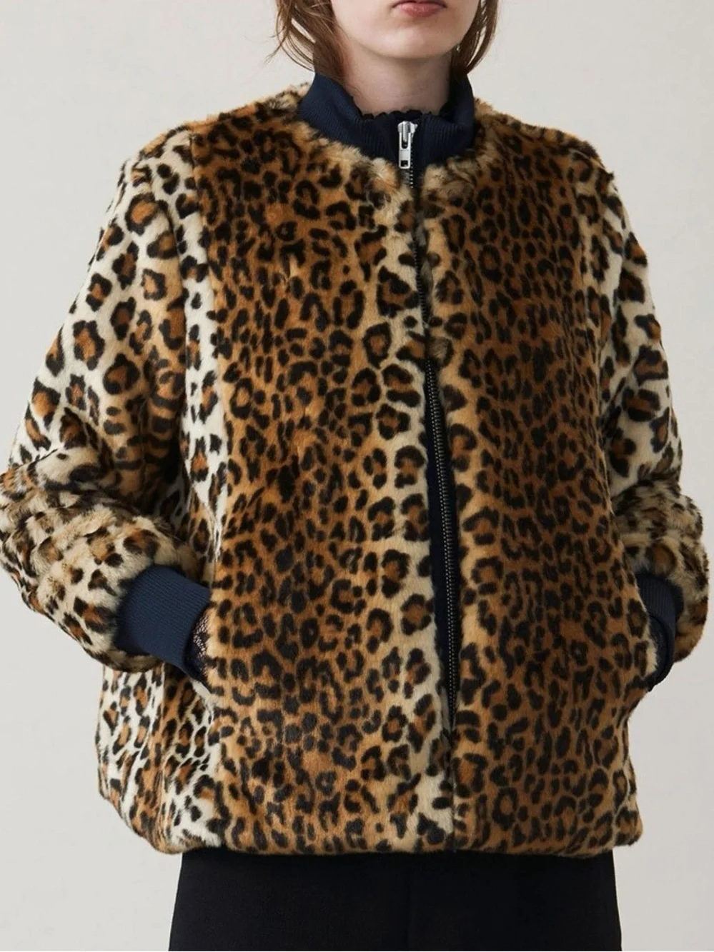 GANNI Ferris Faux Fur Leopard Print Oversized Bomber Jacket Size 34 US XS